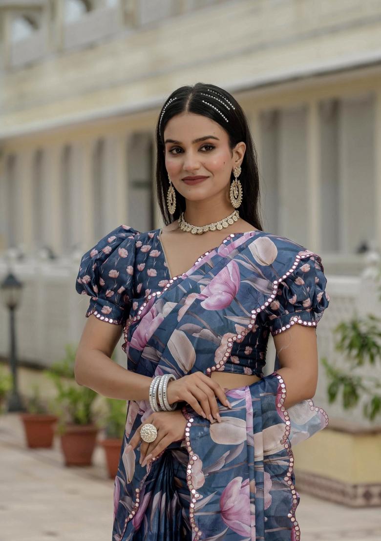 Blue Printed Chinon Saree Set - Indya