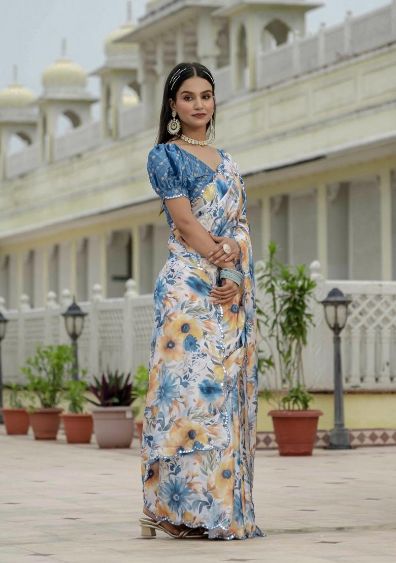 Multicolor Printed Chinon Saree Set - Indya