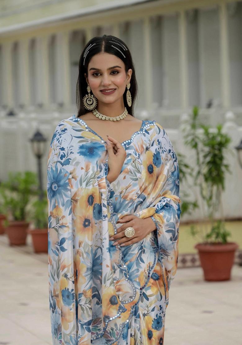 Multicolor Printed Chinon Saree Set - Indya