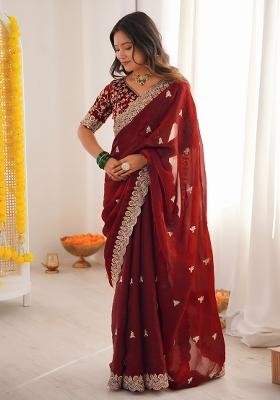 Maroon Sequin Silk Saree Set