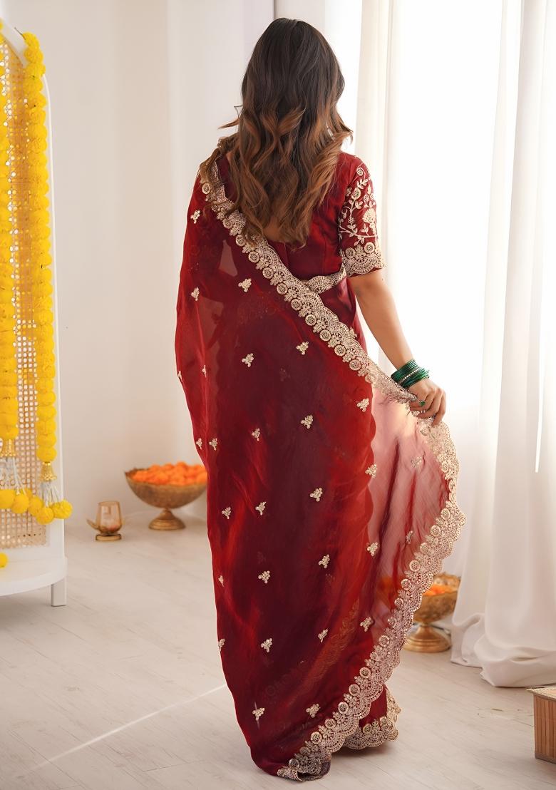 Maroon Sequin Silk Saree Set - Indya