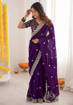 Purple Sequin Silk Saree Set