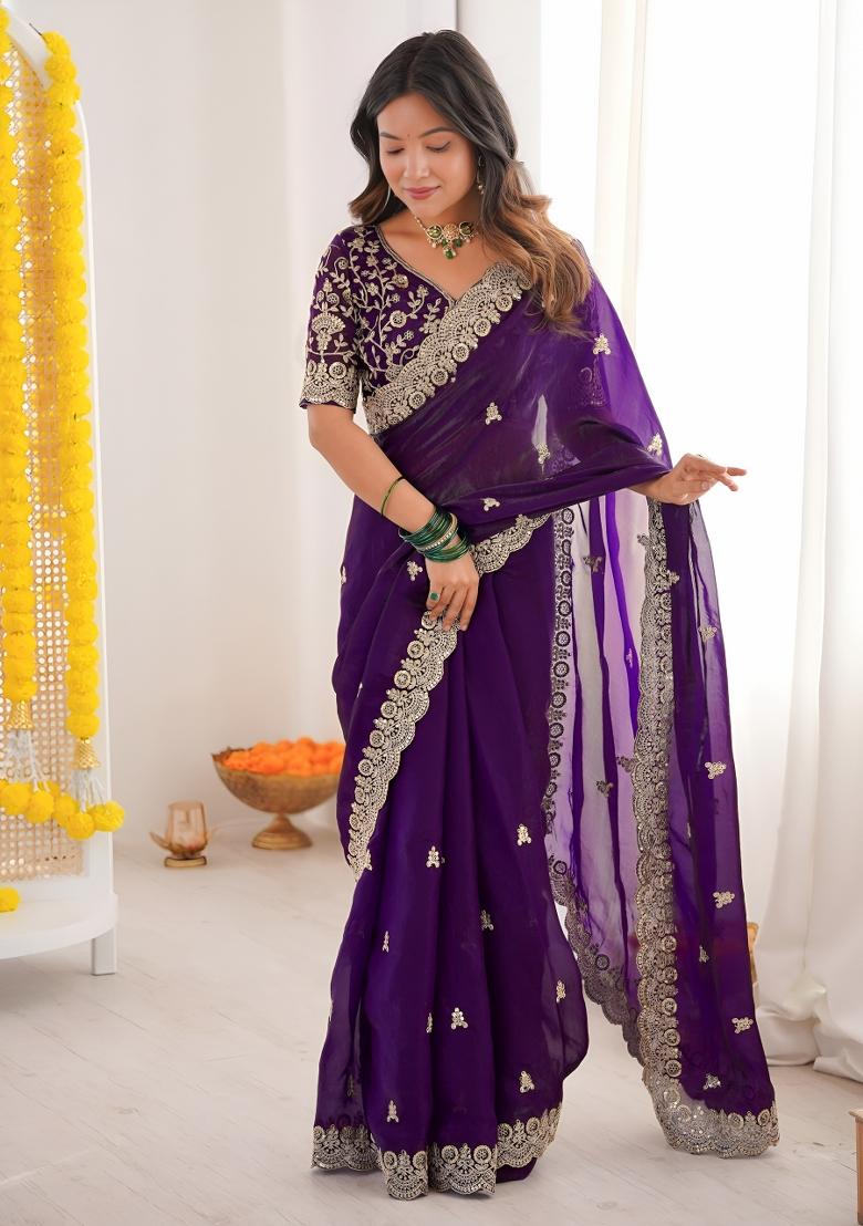 Purple Sequin Silk Saree Set - Indya