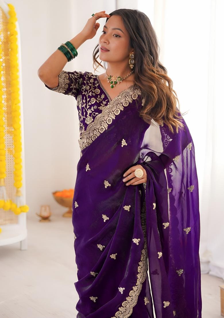 Purple Sequin Silk Saree Set - Indya