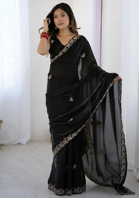Black Sequin Silk Blend Saree Set