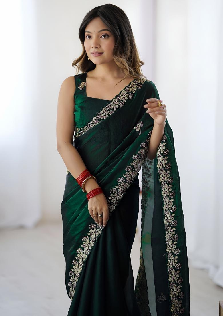 Green Sequin Silk Saree Set - Indya