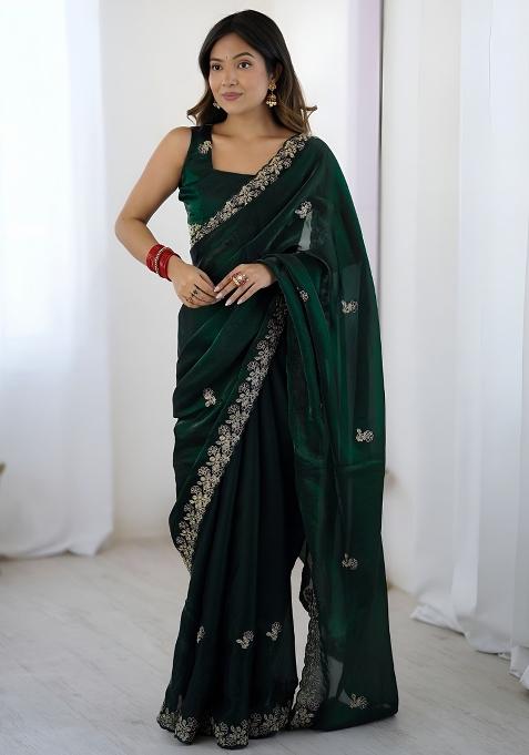 Green Sequin Silk Blend Saree Set