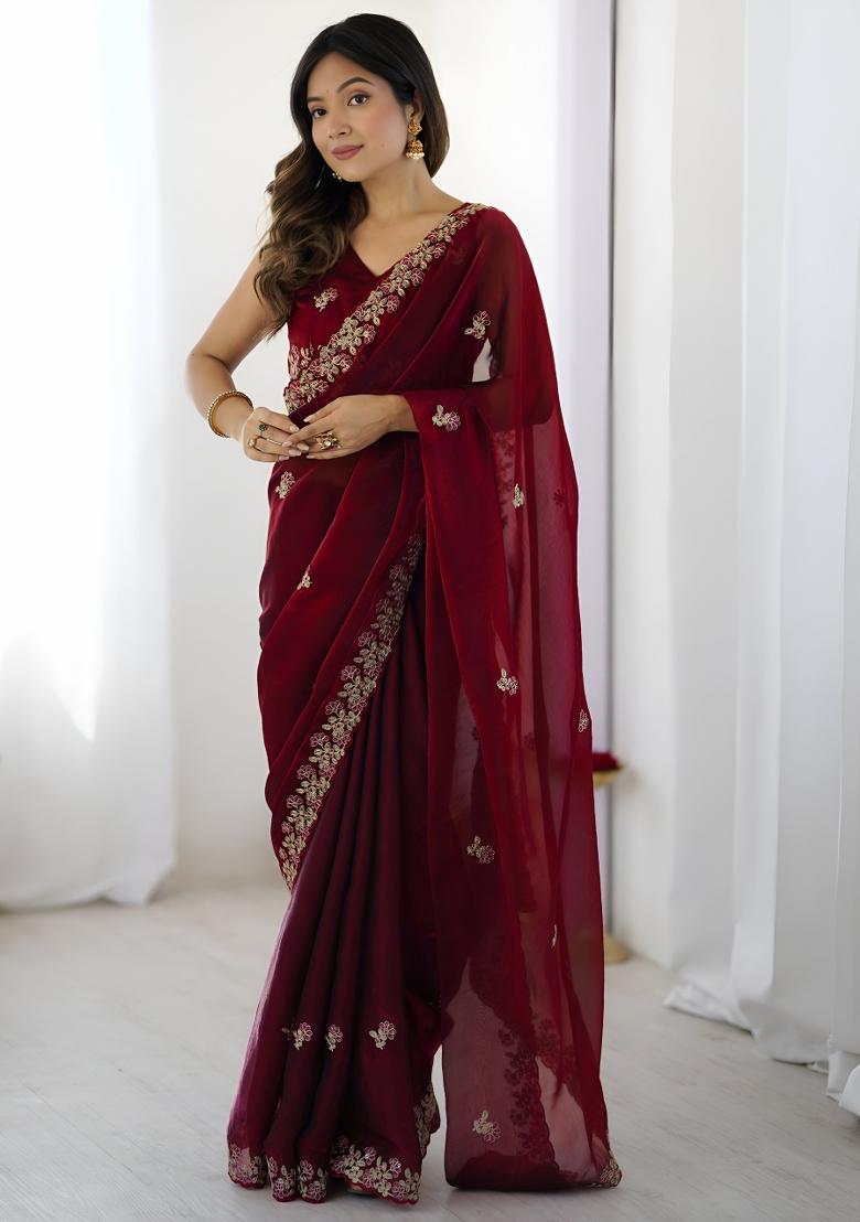 Maroon Sequin Silk Saree Set - Indya