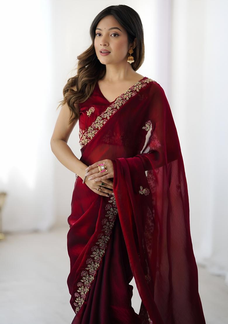 Maroon Sequin Silk Saree Set - Indya