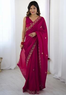 Pink Sequin Silk Saree Set