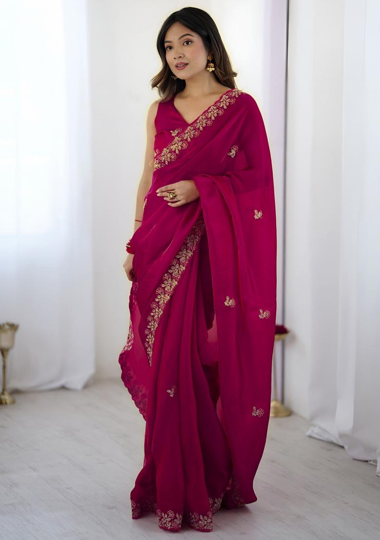 Pink Sequin Silk Saree Set - Indya