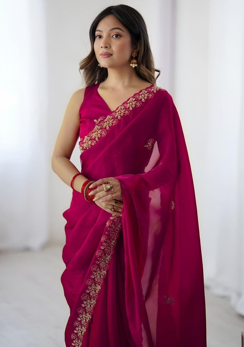 Pink Sequin Silk Saree Set - Indya