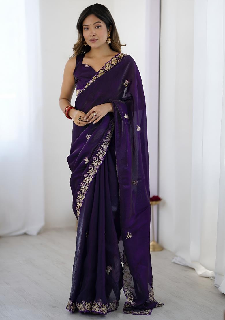 Purple Sequin Silk Saree Set - Indya
