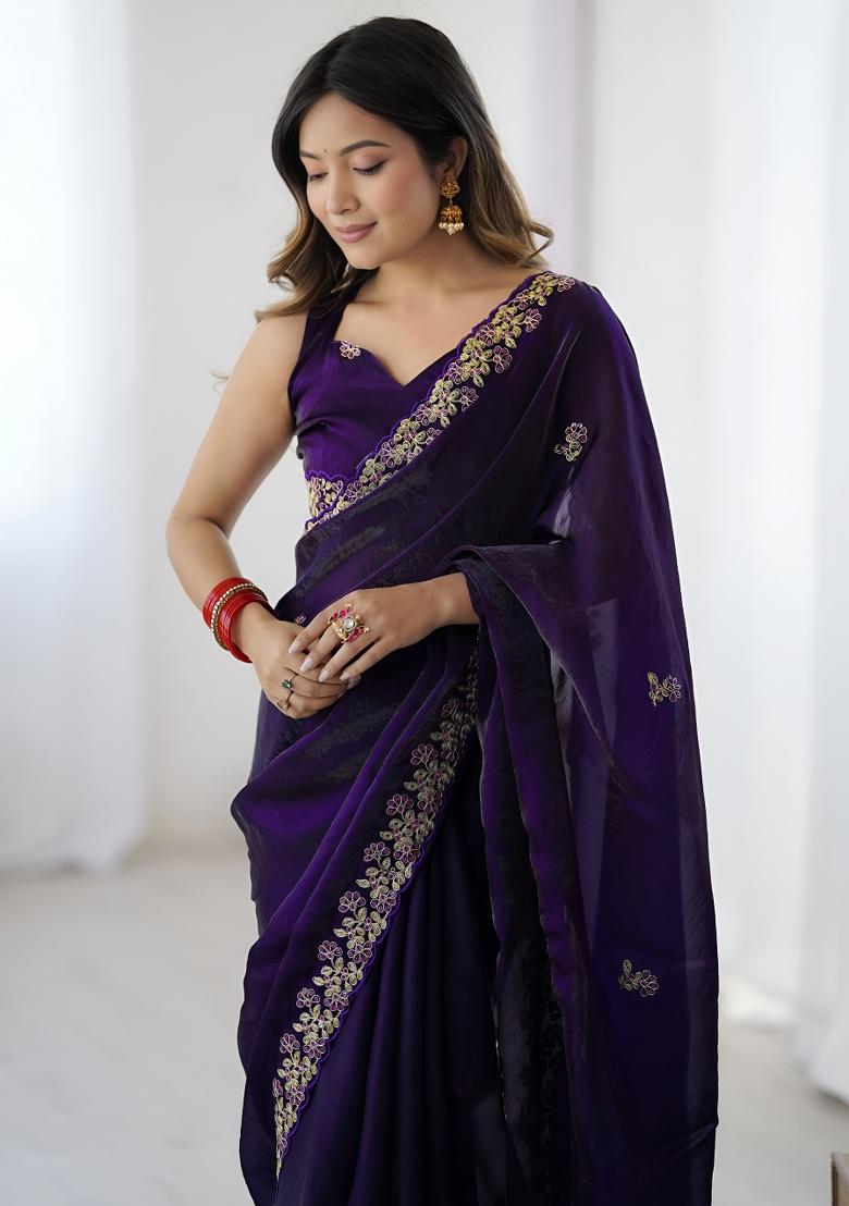 Purple Sequin Silk Saree Set - Indya