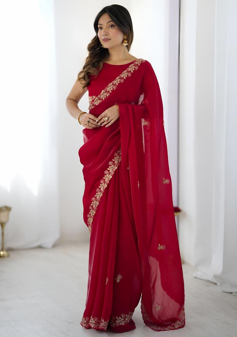 Red Sequin Silk Saree Set - Indya