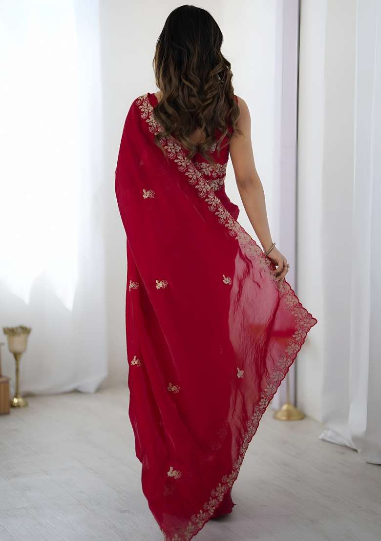Red Silk Blend Saree Set with Sequin for Diwali | Wedding & Festive Wear - Indya