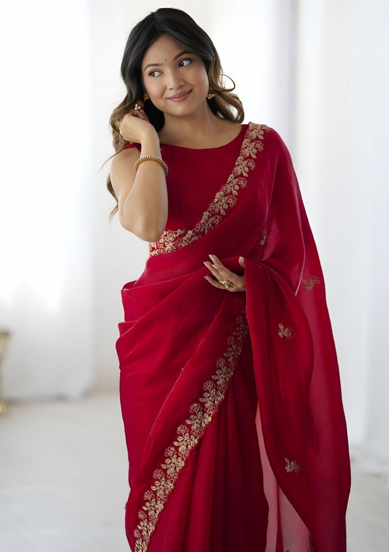 Red Sequin Silk Saree Set - Indya