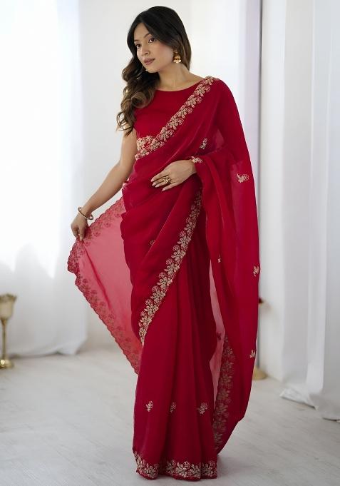 Red Sequin Silk Blend Saree Set