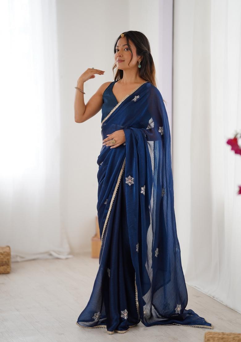 Petrol Sequin Fendi Saree Set - Indya