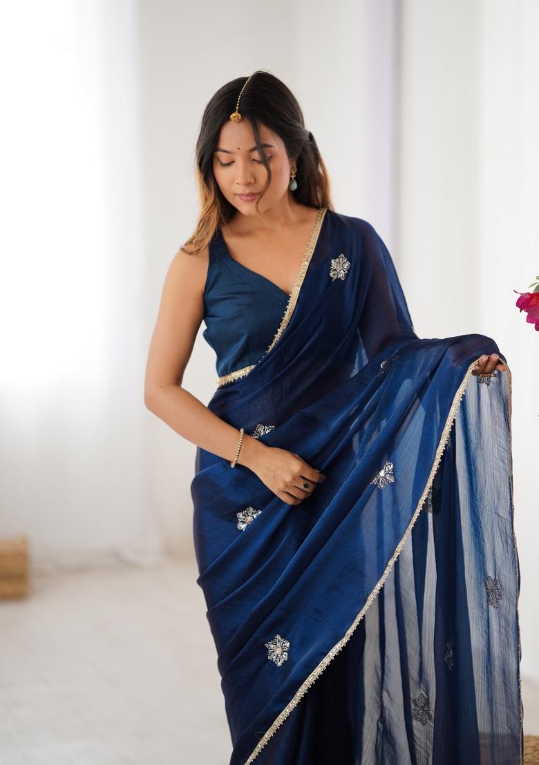 Petrol Sequin Fendi Saree Set - Indya