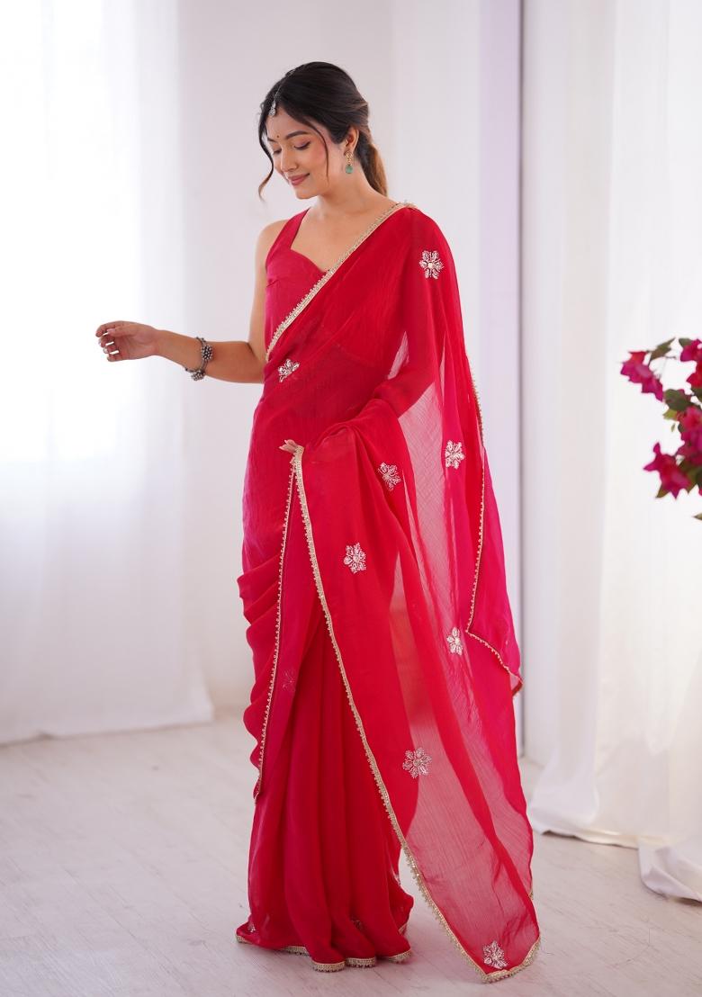 Red Sequin Fendi Saree Set - Indya