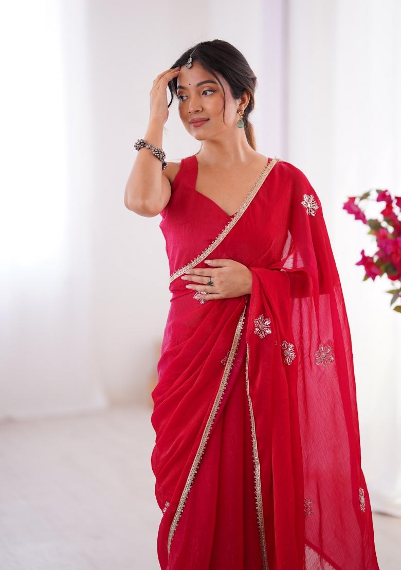Red Sequin Fendi Saree Set - Indya