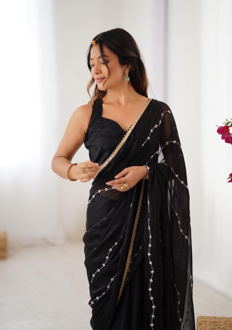 Black Sequin Chiffon Saree Set - Indya