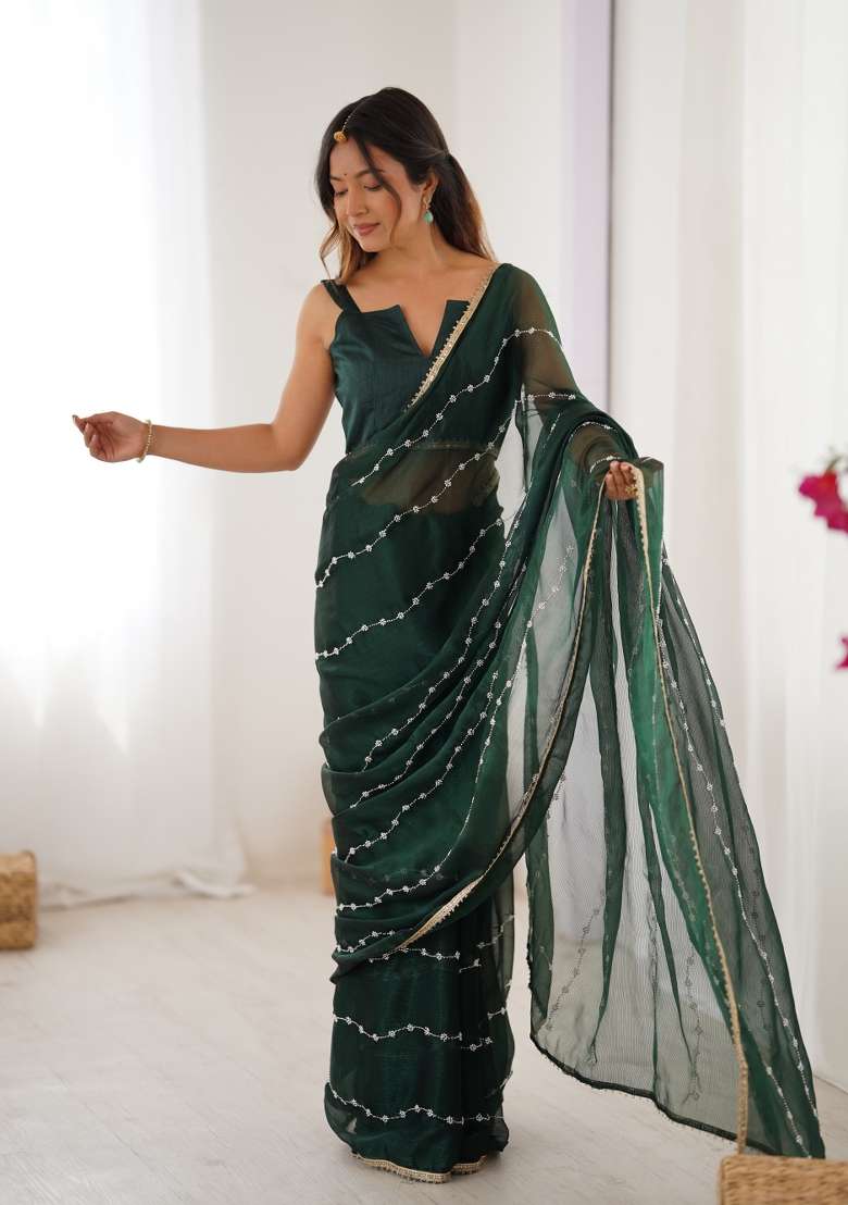 Green Sequin Chiffon Saree Set for Diwali and Festive Wear - Indya