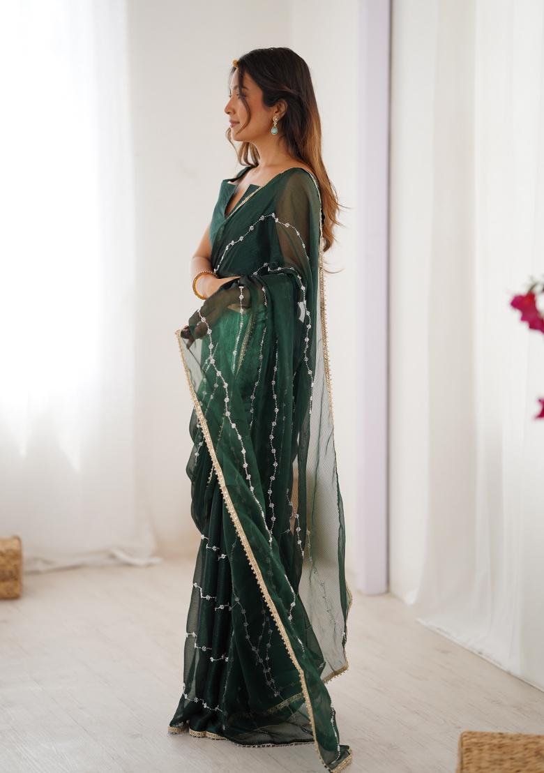 Green Sequin Chiffon Saree Set - Indya