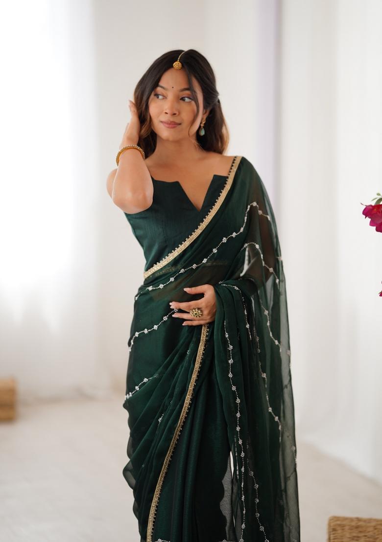 Green Sequin Chiffon Saree Set - Indya