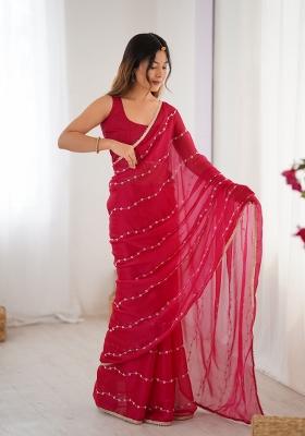 Pink Sequin Chiffon Saree Set