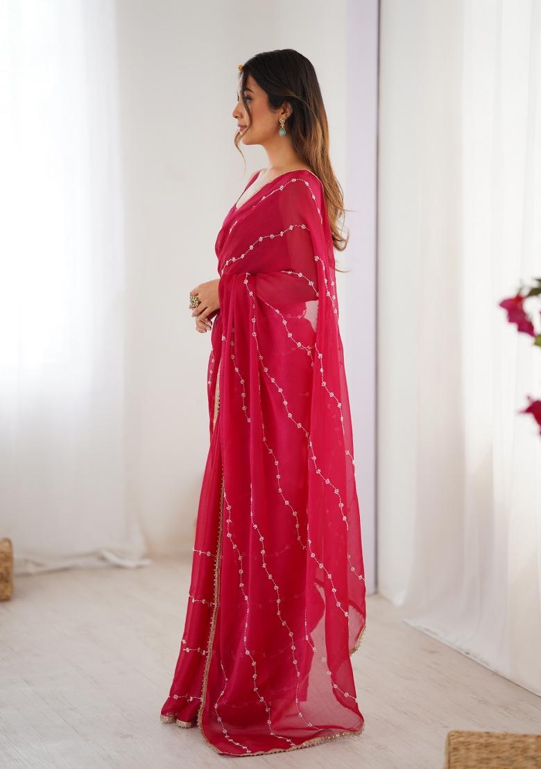Pink Sequin Chiffon Saree Set - Indya