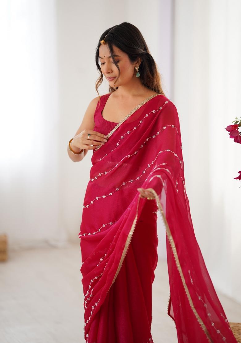 Pink Sequin Chiffon Saree Set - Indya