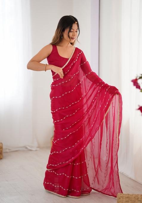 Pink Sequin Chiffon Saree Set — view on Indya