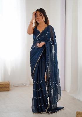 Petrol Sequin Chiffon Saree Set