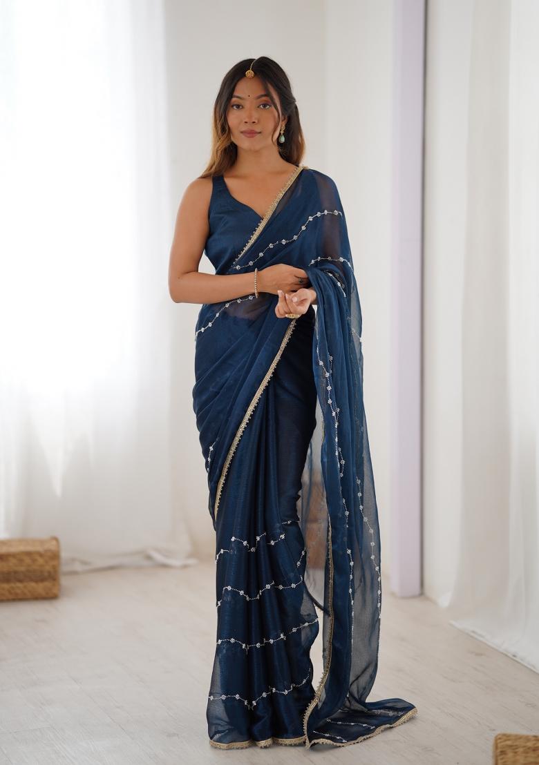 Petrol Sequin Chiffon Saree Set - Indya