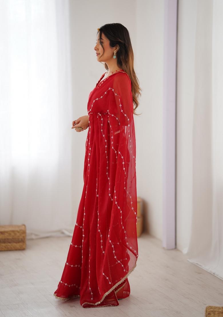 Red Sequin Chiffon Saree Set - Indya