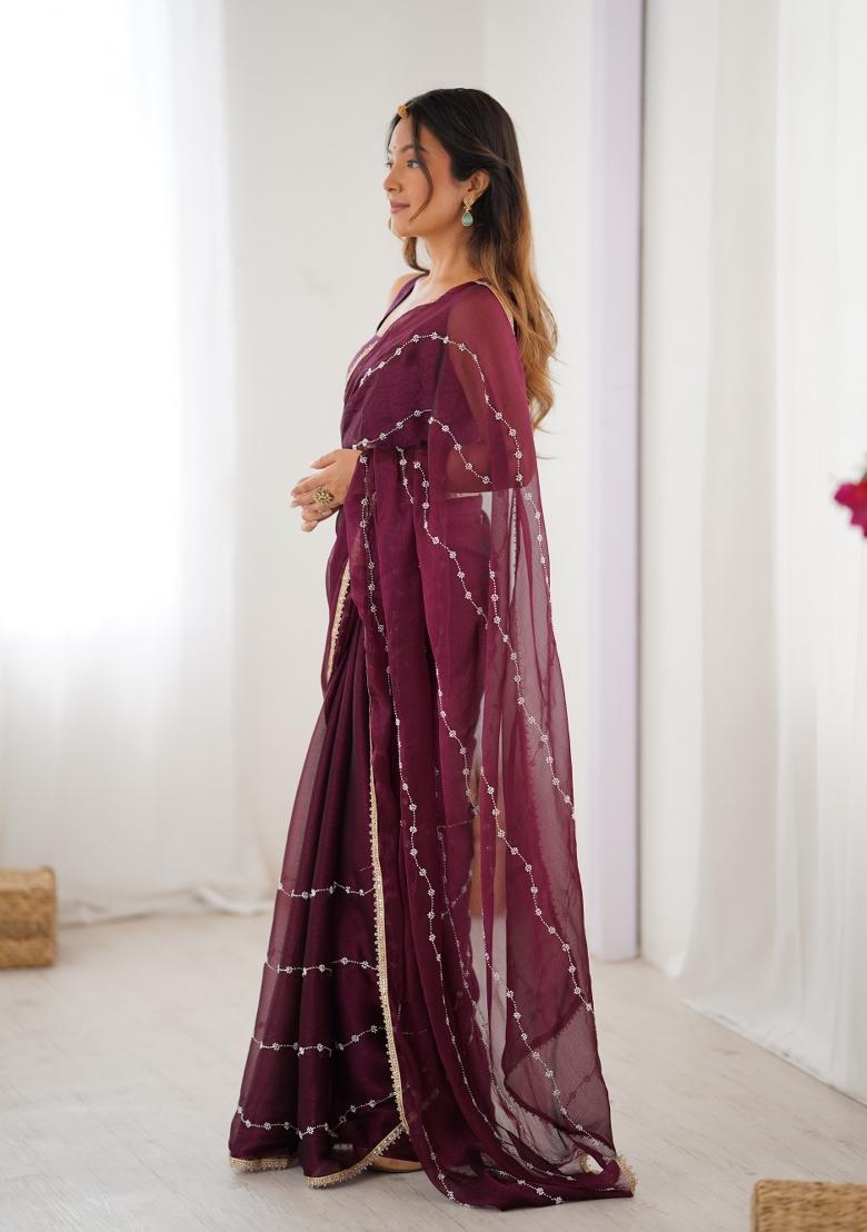Wine Sequin Chiffon Saree Set - Indya