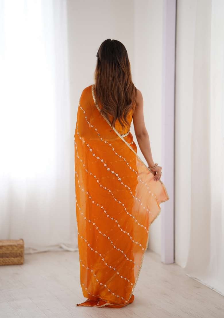 Yellow Sequin Chiffon Saree Set for Diwali and Festive Wear - Indya
