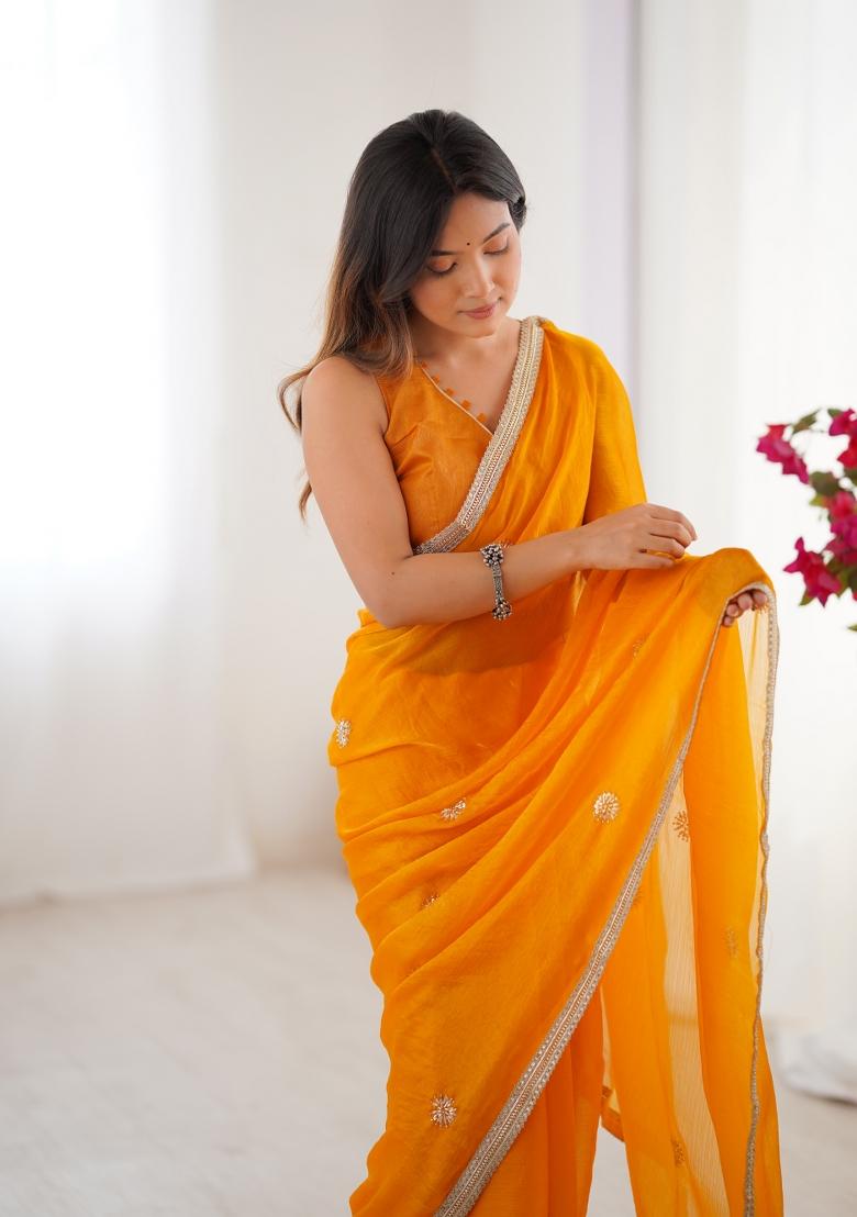 Yellow Sequin Fendi Saree Set - Indya