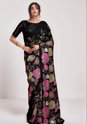 Black Sequin Georgette Saree Set