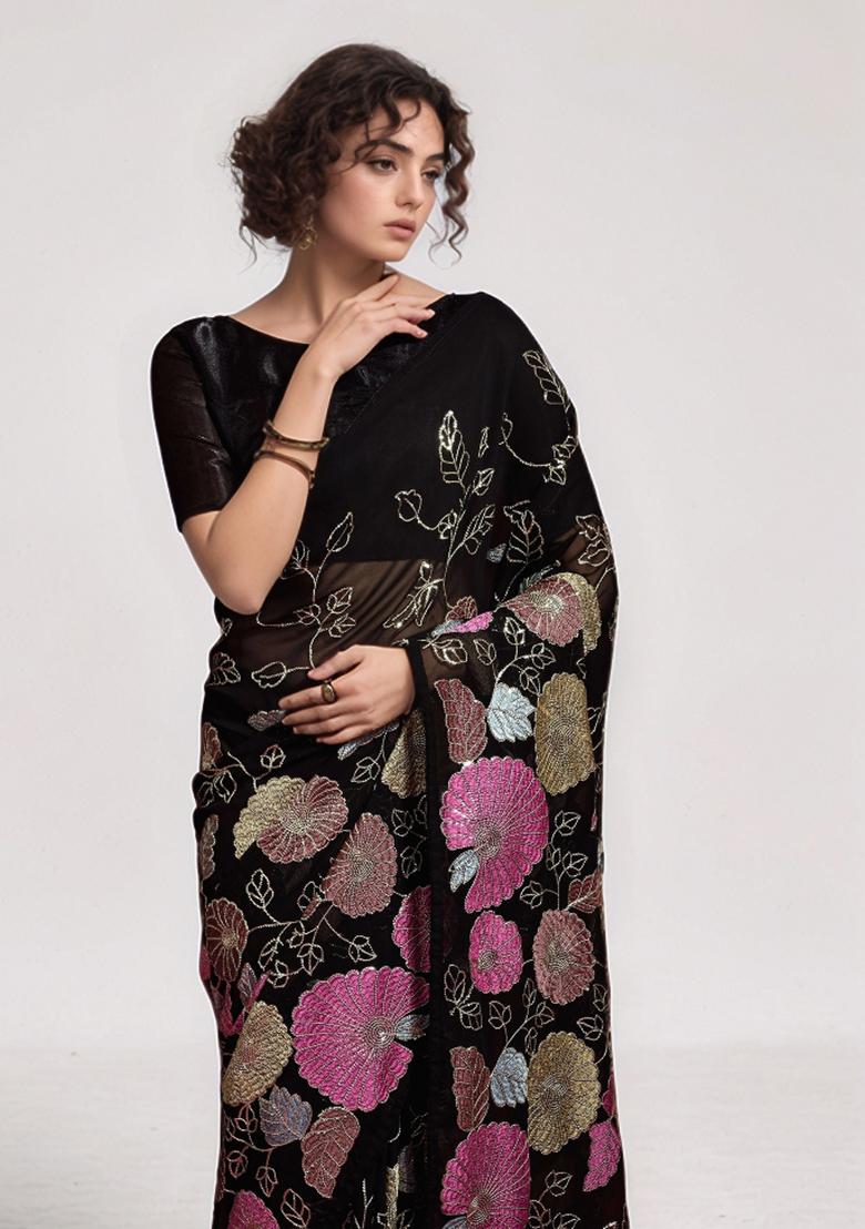 Black Sequin Georgette Saree Set - Indya
