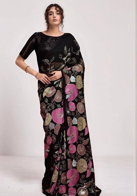 Black Sequin Georgette Saree Set
