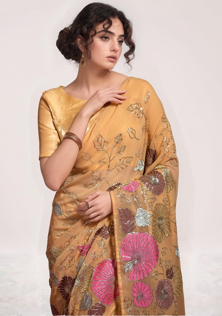 Chiku Sequin Georgette Saree Set - Indya