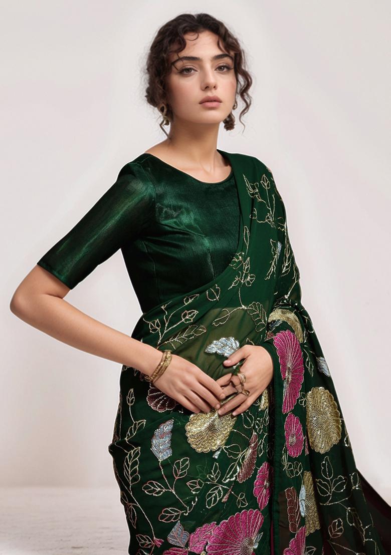 Green Sequin Georgette Saree Set - Indya