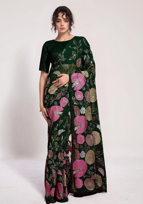 Green Sequin Georgette Saree Set — view on Indya