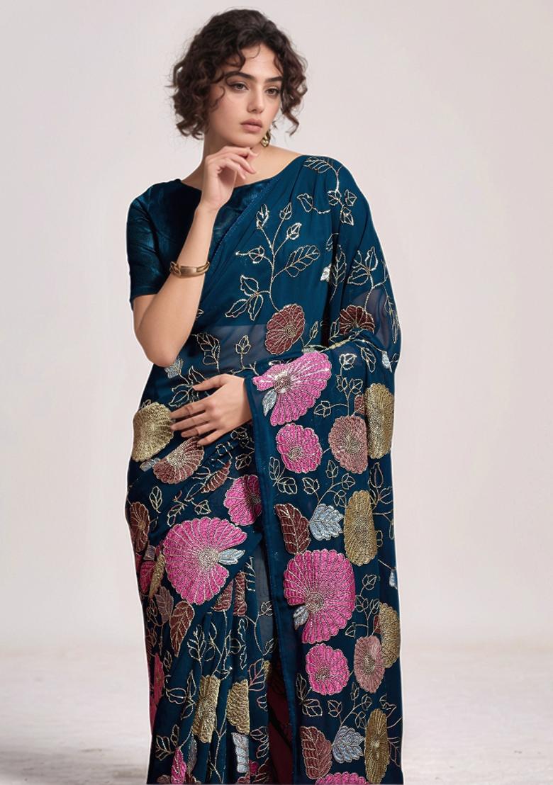 Petrol Sequin Georgette Saree Set - Indya