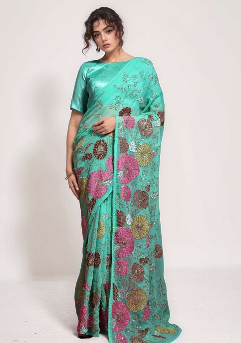 Sea Green Sequin Georgette Saree Set for Diwali and Festive Wear - Indya