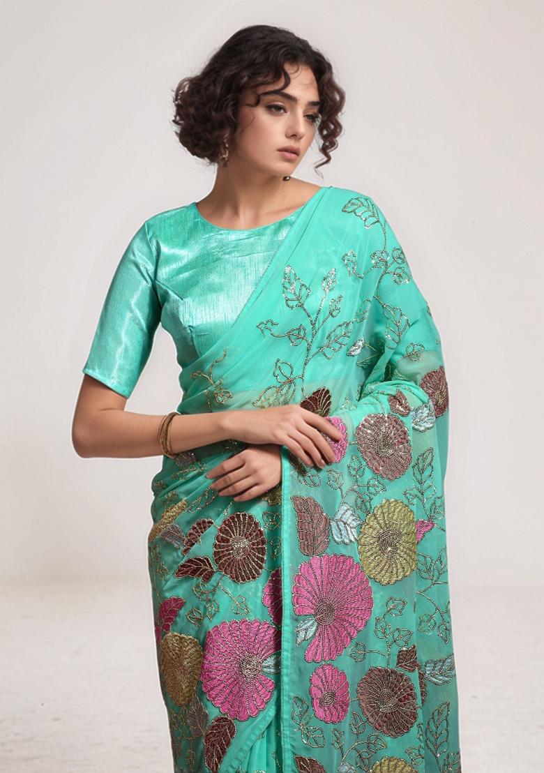Sea Green Sequin Georgette Saree Set - Indya