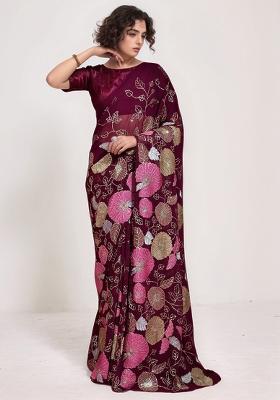 Wine Sequin Georgette Saree Set